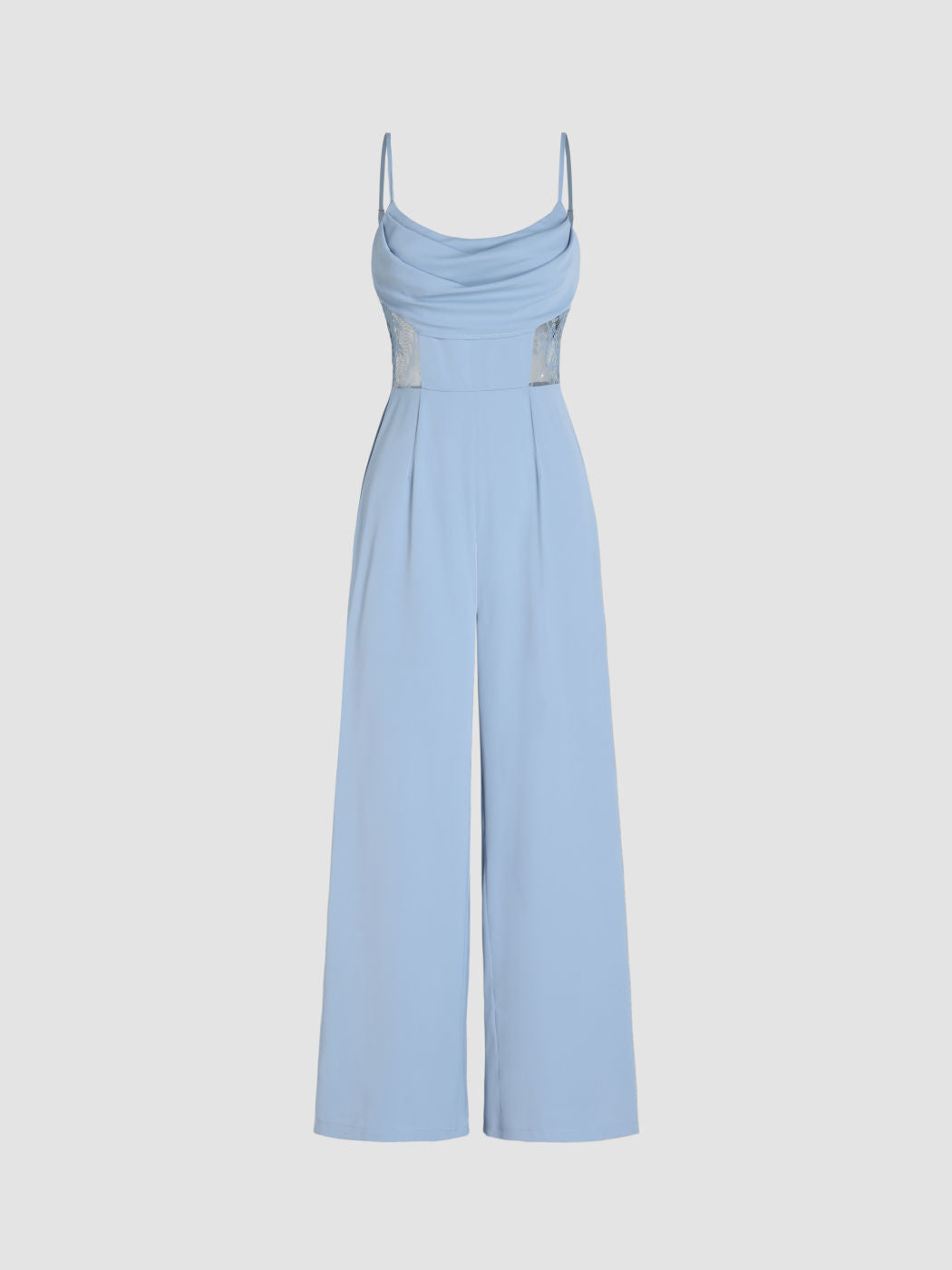 Lace Sheer Cowl Neck Wide Leg Jumpsuit