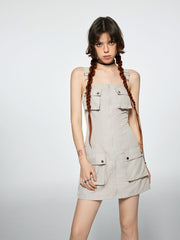 Solid Cargo Zip Up Mini Dress