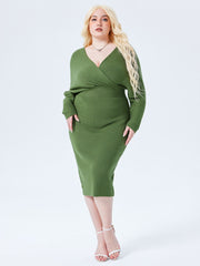Knit Solid V-neck Midi Dress Curve & Plus