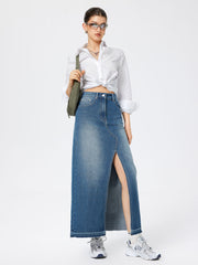 Denim Washed High Waist Split Skirt