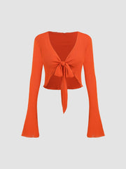 Knotted Long Sleeve Crop Top & Ruched Asymmetrical Hem Skirt