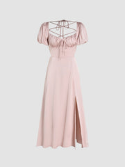 Satin Knotted Puff Sleeve Split Midi Dress