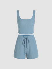 U-neckline Crop Tank Top & Knotted Wide Leg Shorts Set