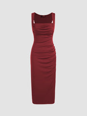 Square Neck Ruched Sleeveless Midi Dress