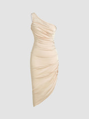 Solid Satin Asymmetrical Ruched Midi Dress