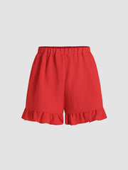Knotted Shirred Crop Top & Ruffle Hem Shorts Set