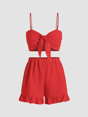 Knotted Shirred Crop Top & Ruffle Hem Shorts Set