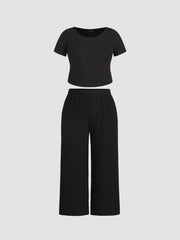 Knitted Short Sleeve Crop Top & Wide Leg Trousers Set Curve & Plus