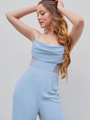Lace Sheer Cowl Neck Wide Leg Jumpsuit