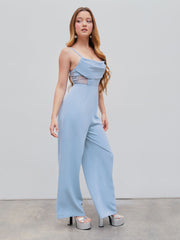 Lace Sheer Cowl Neck Wide Leg Jumpsuit