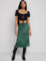 High Waist Mesh Floral Midi Skirt