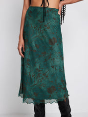 High Waist Mesh Floral Midi Skirt