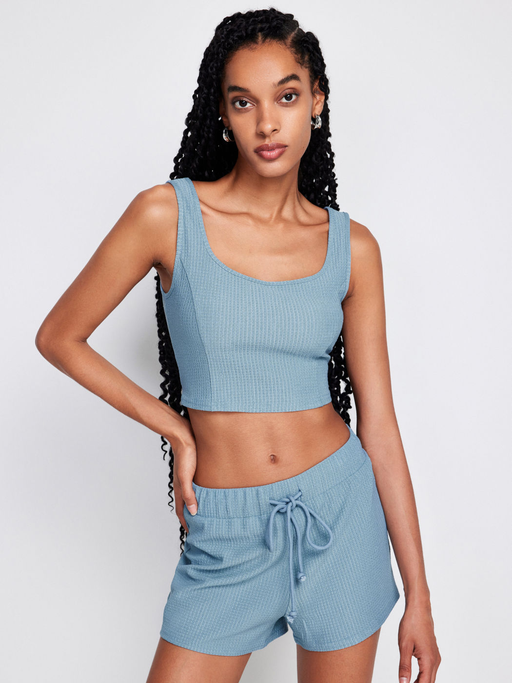 U-neckline Crop Tank Top & Knotted Wide Leg Shorts Set