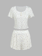 Floral Button Up Tee & High Waist Shorts Pajama Set