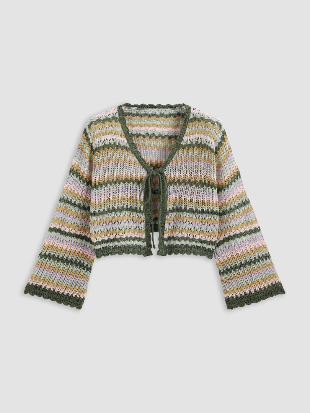 V-neck Striped Lace Up Knitted Long Sleeve Cardigan Curve & Plus