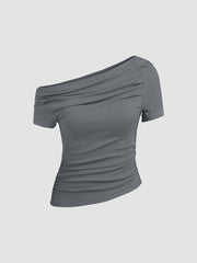 Asymmetrical Neck Ruched Short Sleeve Top