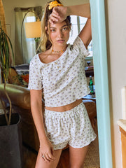 Floral Button Up Tee & High Waist Shorts Pajama Set