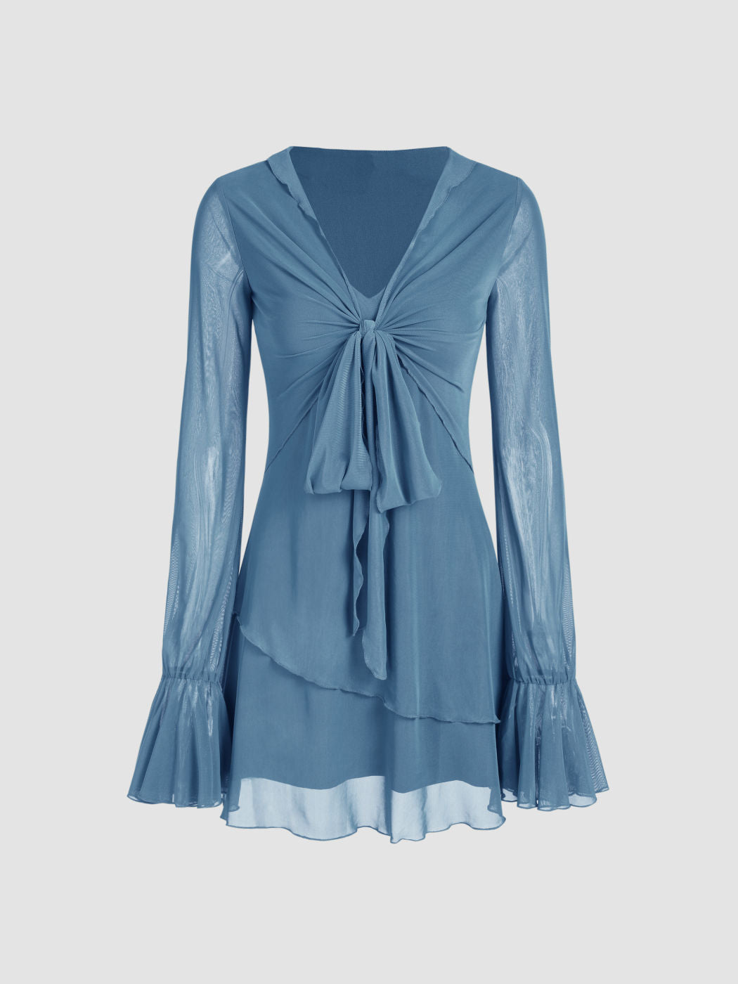 Mesh Solid Knotted Long Sleeve Mini Dress