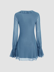 Mesh Solid Knotted Long Sleeve Mini Dress