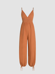 V-neck Shirred Drawstring Jumpsuit