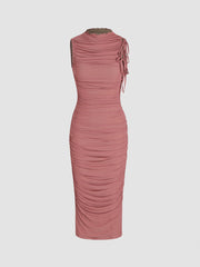 Mesh Ruched High Neck Midi Dress
