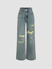 Mid Rise Ripped Straight Leg Jeans