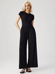 Round Neckline Ruched Wide Leg Jumpsuit