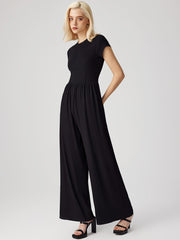 Round Neckline Ruched Wide Leg Jumpsuit