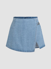 High Stretch Denim Mid Waist Split Mini Skort Curve & Plus