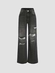 Mid Rise Ripped Straight Leg Jeans