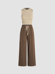 Ruched Tank Crop Top & Elastic Waist Knotted Trousers Set