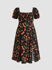 Fruit Square Neck Puff Sleeve Midi Dress Curve & Plus