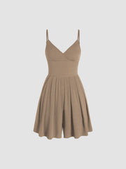 Solid V Neck Wide Leg Romper
