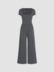 Scoop Neckline Short Sleeve Wide Leg Jumpsuit