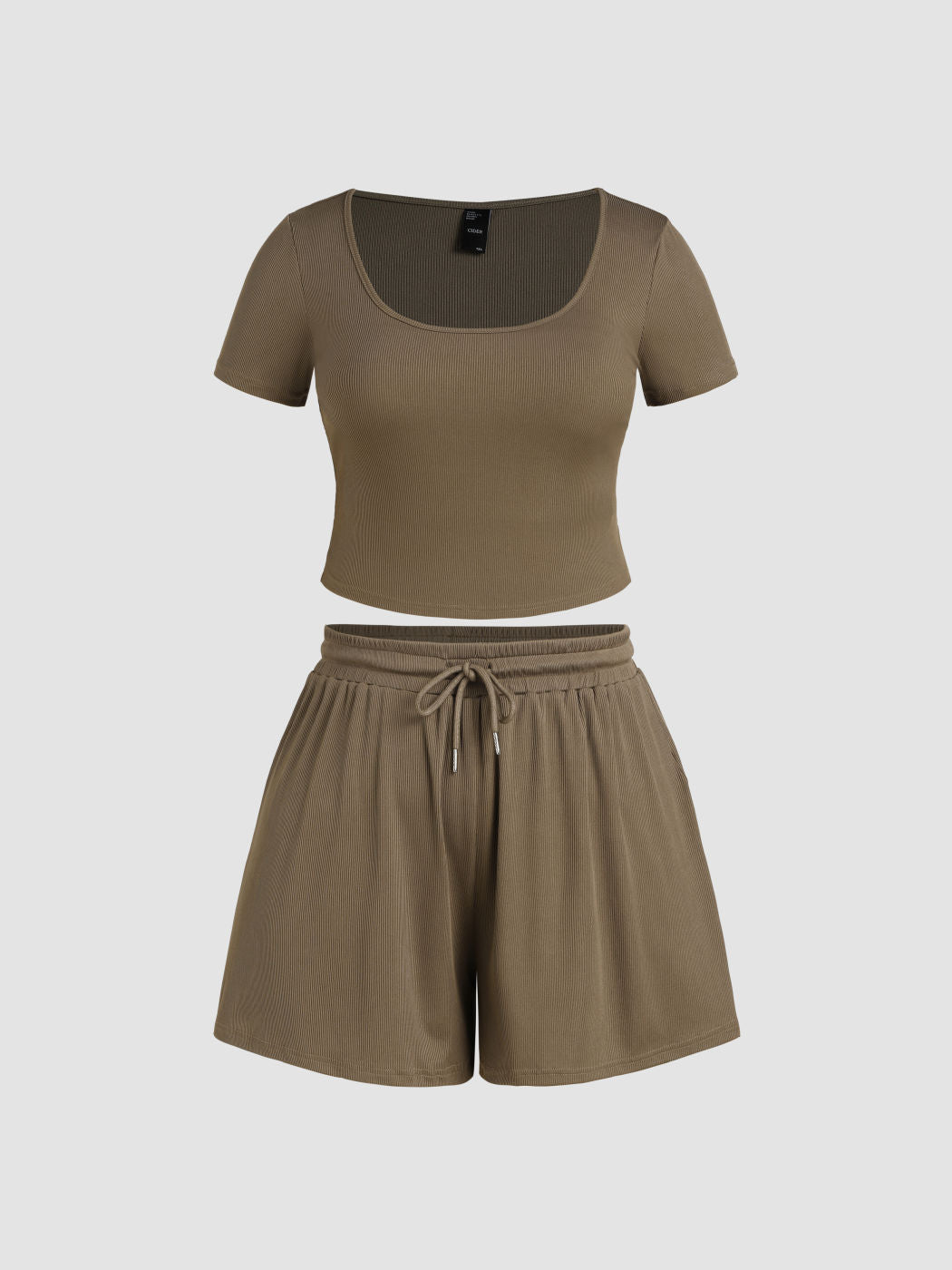 Rib U-neckline Short Sleeve Crop Top & Lace Up Wide Leg Shorts Curve & Plus