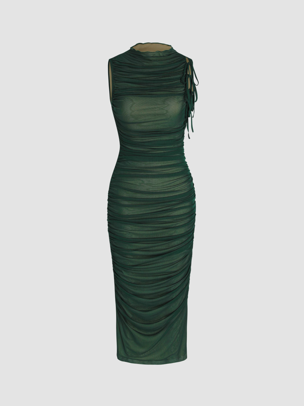 Mesh Ruched High Neck Midi Dress