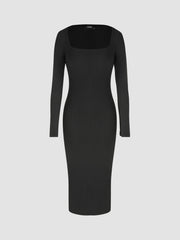 Solid Square Neck Long Sleeve Midi Dress