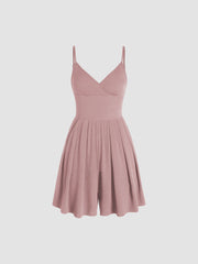 Solid V Neck Wide Leg Romper