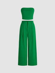 Solid Shirred Tube Top & High Waist Pants Set