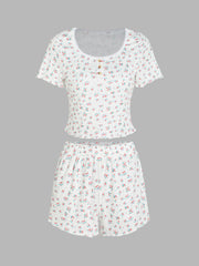 Floral Button Up Tee & High Waist Shorts Pajama Set