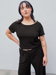 Knitted Short Sleeve Crop Top & Wide Leg Trousers Set Curve & Plus