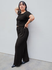 Knitted Short Sleeve Crop Top & Wide Leg Trousers Set Curve & Plus