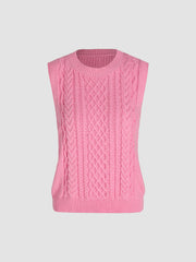 Solid Knit Round Neckline Vest With Scarf