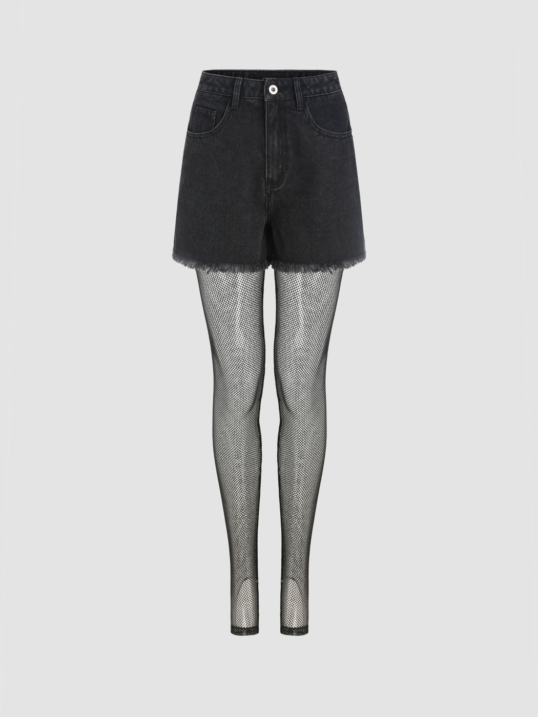 High Stretch Denim Mid Waist Mini Shorts With Fishnet Tights