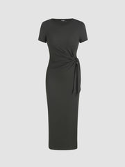 Round Neckline Bowknot Solid Split Midi Dress