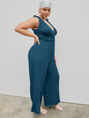V-neck Knotted Ruched Knitted Slit Wide Leg Jumpsuit Curve & Plus