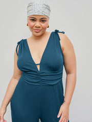 V-neck Knotted Ruched Knitted Slit Wide Leg Jumpsuit Curve & Plus
