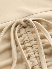 Solid Terry Round Neckline Drawstring Ruched Crop Hoodie