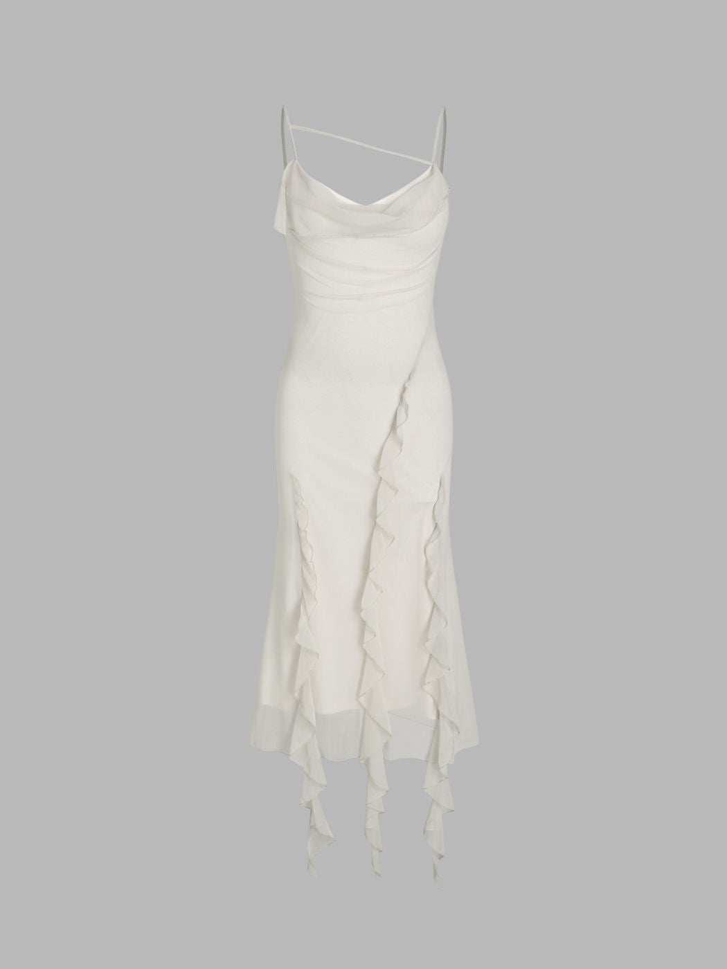 Mesh Ruffle Hem Ruched Midi Dress