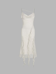 Mesh Ruffle Hem Ruched Midi Dress
